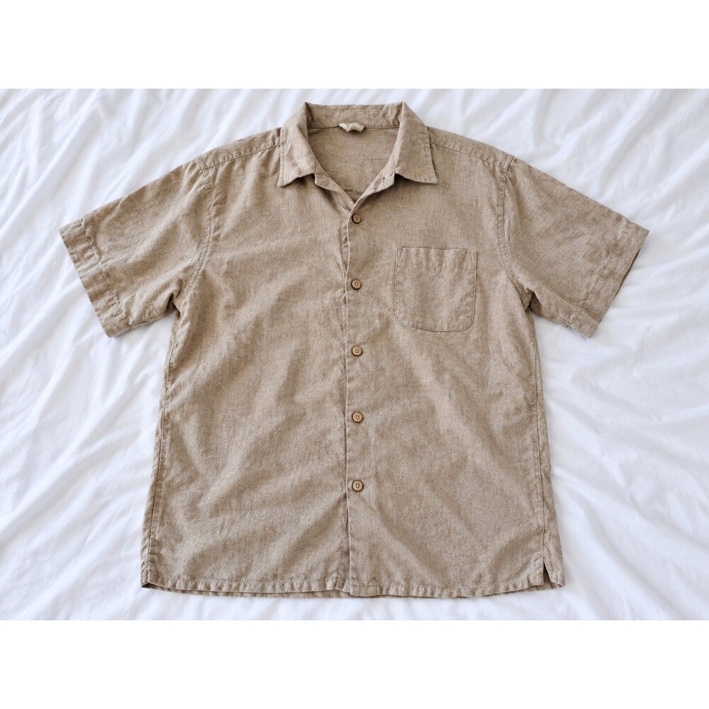 Cotton On Hemp Shirt Men’s M Tan Short Sleeve Button Front Pocket Boho